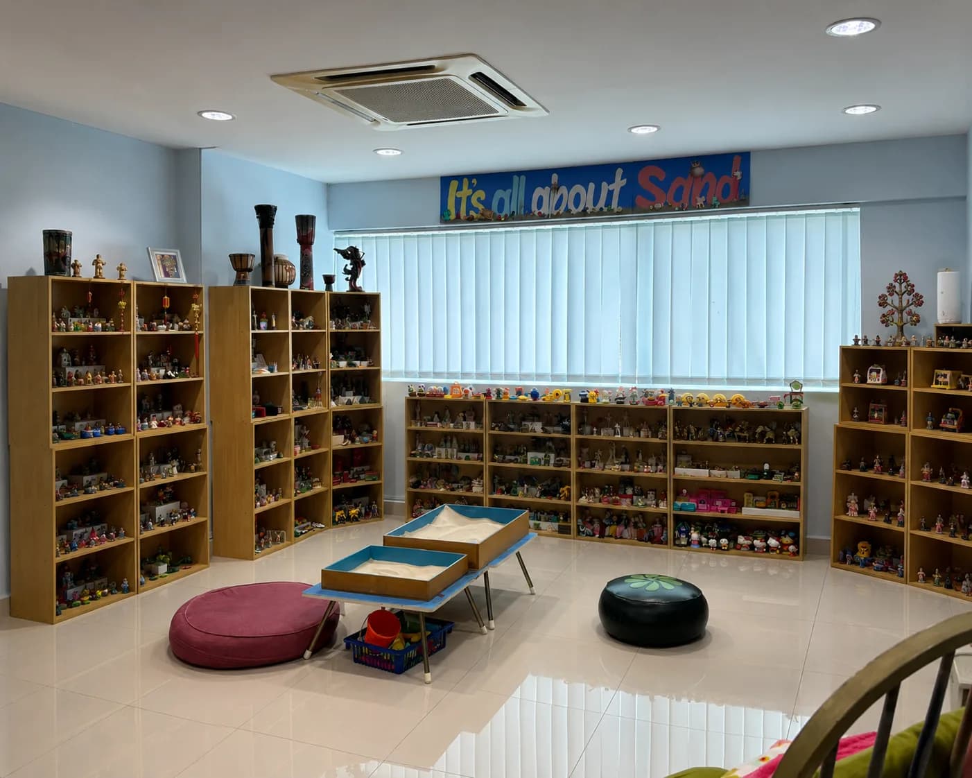 Play therapy room at the Dr. Diana Lea Baranovich Clinic, with sand trays and shelves of miniature figurines